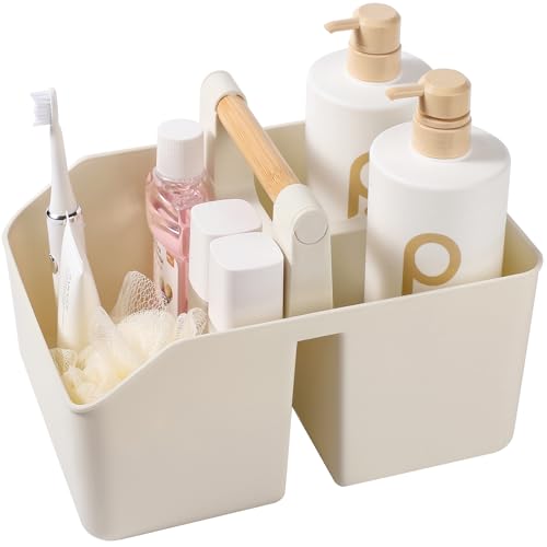 rejomiik Plastic Shower Caddy, Portable Basket with Bamboo Handle, Cream - color: Cream