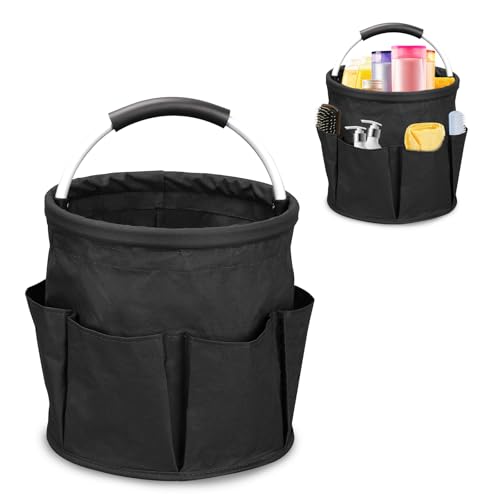 17L Portable Cleaning Bucket Organiser, 6 Pockets Foldable Cleaning Caddy with Handle Wearable Cleaning Caddy Bag for Outdoor Camping Garden Harvest Basket Home Bathroom Storage (Black) - color: Black