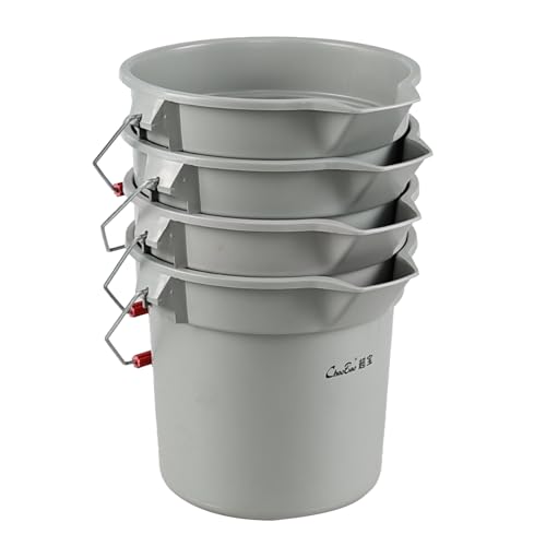 14 Quart / 3.5 Gallon Round Plastic Cleaning Bucket with Handle, Commercial, Heavy Duty, Gray, 4 Packs