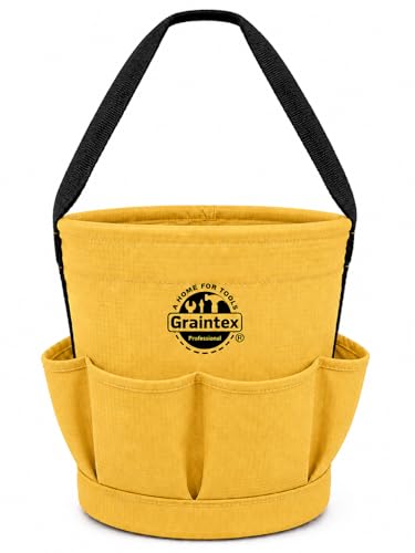 Graintex Tapered Canvas Bucket 12"x10"x15", Utility Tool Bucket 6 Pockets Outside, Reinforced Base & Carry Handle, Ripstop Canvas, Multi-Purpose Bag for Jobsite & Home Use - Yellow - color: Yellow