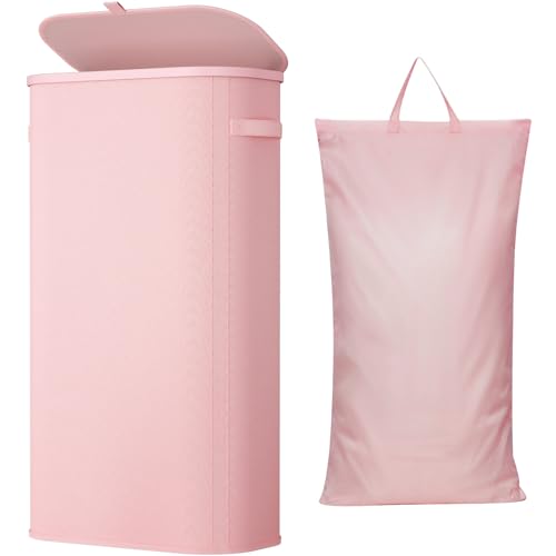 Lifewit Slim Laundry Basket with Lid and Removable Bag, 75L, Pink - color: Pink, size: 75L