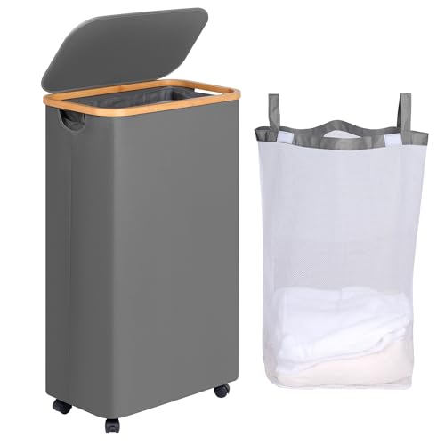 efluky Slim Laundry Basket with Wheels, Narrow Rolling Laundry Hamper with Lid and Removable Bag, Tall Aesthetic Dirty Clothes Hamper on Wheels for Laundry Room, Bedroom, Dorm and Bathroom, 75L Grey - color: Grey, size: 75L