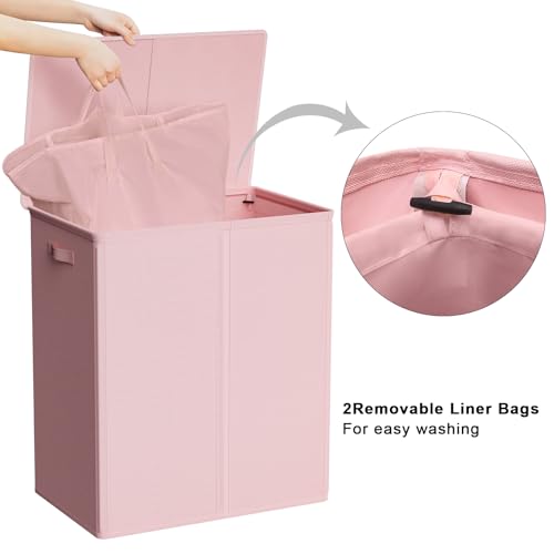 WOWLIVE 154L Double Laundry Hamper 2 Section with Lid and Removable Bags - color: Pink, size: 154l (24.8x 14.2 X 26.8 Inches)