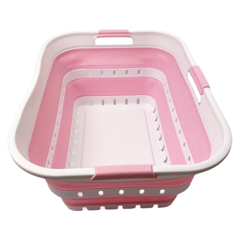 SAMMART 42 (11 Gallons) Collapsible Plastic Laundry Basket, Foldable Pop Up Storage Container/Organizer, Space Saving Hamper, Portable Bin for Dorm Room Bathroom (1, White/Cherry Pink) - color: White/Cherry Pink