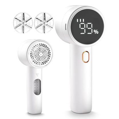 Fabric Shaver, Lint Remover Rechargeable, Electric Portable Sweater Defuzzer with 3 Speeds, 6 Leaf Blades, Digital LED Display to Remove Pilling for Clothes, Furniture, Sweater, Couch, Blanket - color: White