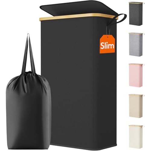 Lifewit 75L Slim Laundry Hamper with Lid and Removable Bag, Black - color: Black, size: 75L