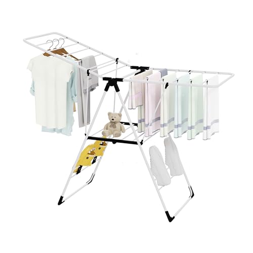 Tangkula Clothes Drying Rack, Collapsible Laundry Rack with Hanging Rods, Shoe Hangers, Adjustable Gullwing and Foldable Design for Space-Saving, Stainless Steel Clothing Shelf