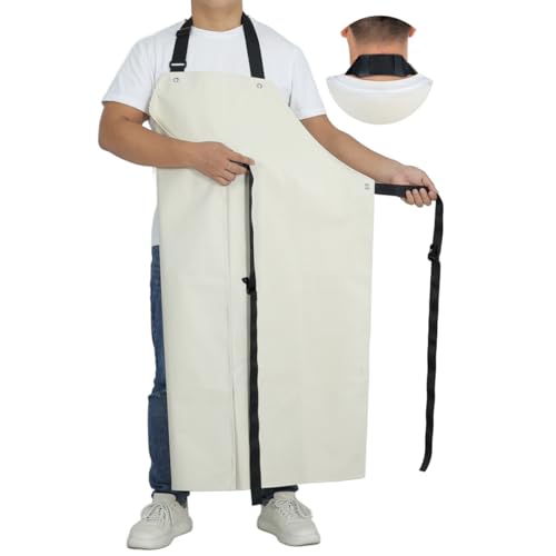 Thick Rubber Apron, Waterproof Apron Butcher Heavy Duty Chemical Resistant Adjustable Work Apron - color: White(1 Pack)