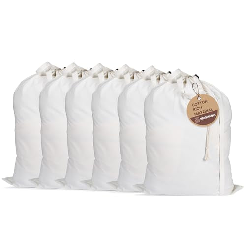 LFH Home Cotton Rich Large Laundry Bag with Handle, Heavy Duty Drawstring Closure Washable Laundry Bags, School Travel, Home, Hotel, College Dorm, Organizer Sack, Toy Clothes 20x30 (Pack of 6)-White - color: White, size: 20”x30” (Pack of 6)