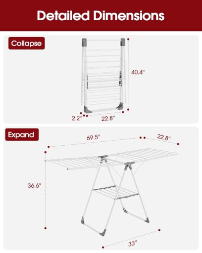 Sakugi Clothes Drying Rack, 69.5" Adjustable Wings, Foldable Design - color: White & Gray, size: XX-Large (69.5"L x 22.8"W x 36.6"H)