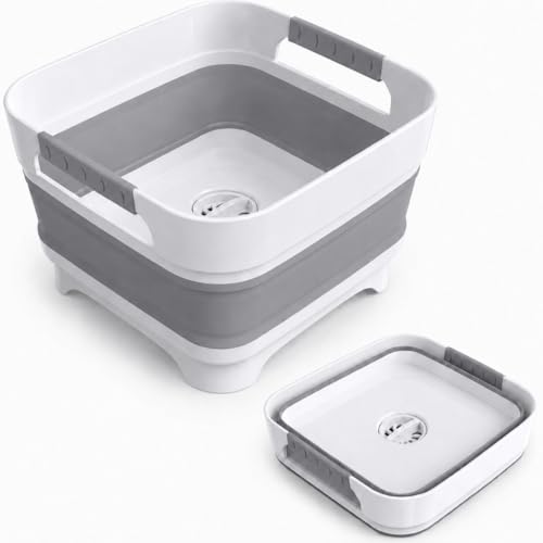 Collapsible Dish Basin with Drain Plug, 2.4 Gal 9L Foldable Wash Basin, Portable Sink Tub for Kitchen, Baby Bottles, Camping, RV, Vegetable Washing and Beverage Tub, Gray - color: Gray