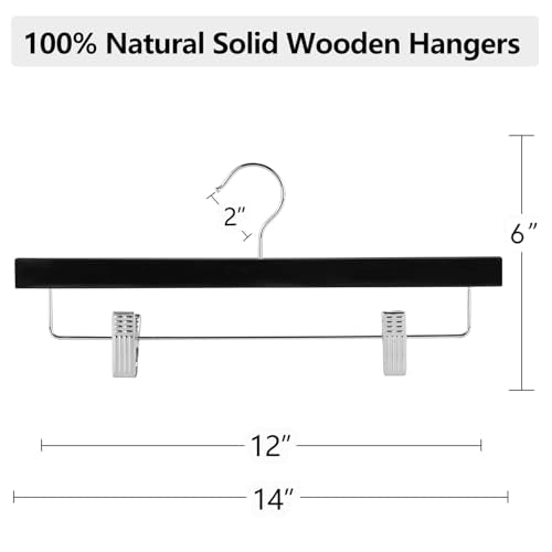 AMKUFO 20pcs Wooden Pants Hangers Solid Pants Hangers with Adjustable Clips 14 Inch Black Wood Skirt Hangers Trousers Bottom Hangers with Non-Slip Clips and 360° Swivel Hook - color: Black