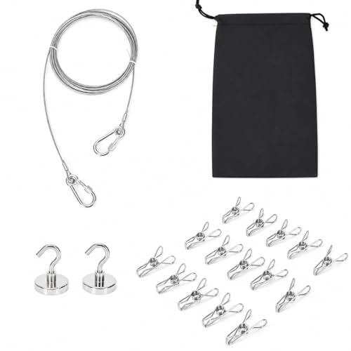 Camping Clothesline, 16.4FT Portable Travel Clothesline with 15 Clips & 2 Hooks, Heavy Duty 2.0mm Steel Wire Rope for Cruise Ship, Hotel Room, RV, Backpacking, Outdoor Gear