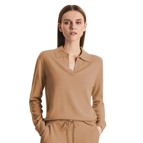 GreenMount Women's Deep V-Polo Casual Loose Cashmere Sweater Pullover Lapel Long Sleeve for Women Keep 37.5° Warm - color: Camel, size: X-Large