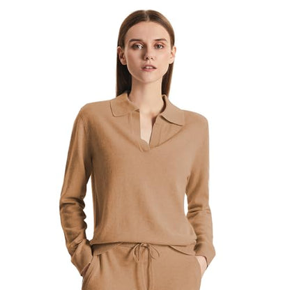 GreenMount Women's Deep V-Polo Casual Loose Cashmere Sweater Pullover Lapel Long Sleeve for Women Keep 37.5° Warm - color: Camel, size: X-Large