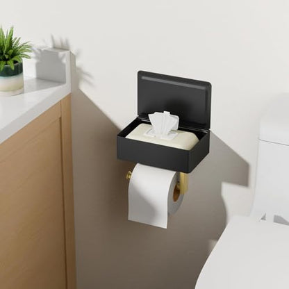 FORIOUS Toilet Paper Holder with Shelf, Wall-Mounted Modern Wipes Dispenser - color: Matte Black & Brushed Gold, size: Big 1 Pack-8" (L)