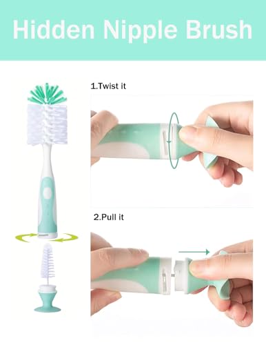 Baby Bottle Brush Set with Suction Base, Hidden Cleaner & Straw Brush, Green - color: Green