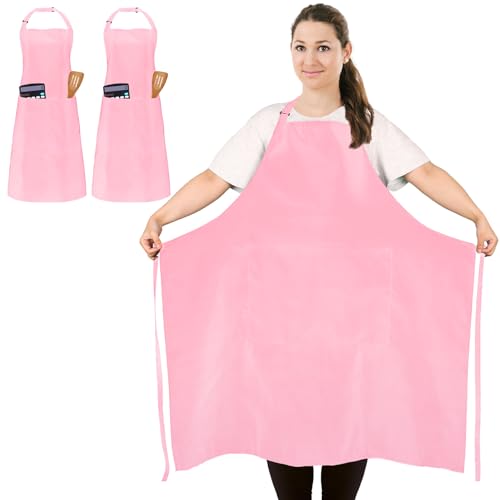 2 Pack Plus Size Waterproof Cooking Chef Apron with 2 Pockets for Men Women - color: Pink