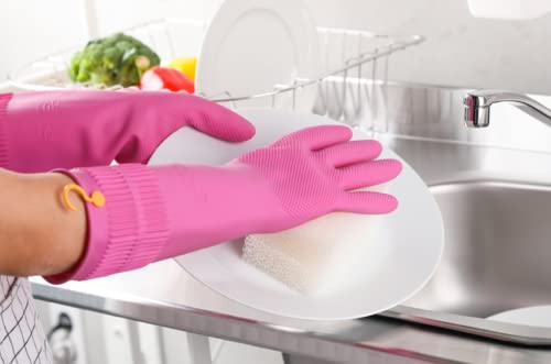 Myungjin Reusable Waterproof Household Dishwashing Non-Slip Cleaning Rubber Gloves with Hang-Dry Hook (1 Pair/Small) - size: 1 Pair / Small