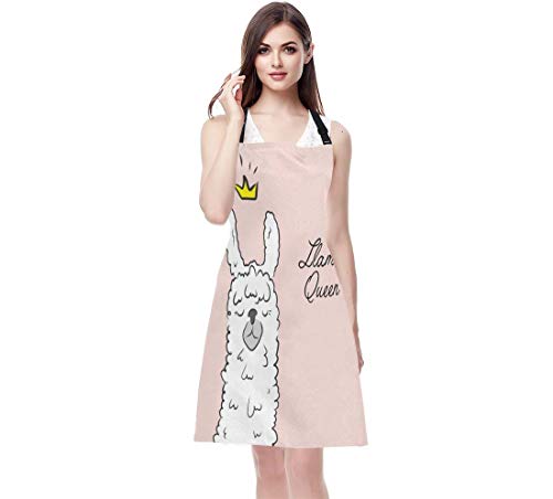 EKOBLA Llama Queen Aprons Alpaca Wearing Crown Funny Cute Animal Cartoon Waterproof Resistant Chef Cooking Kitchen BBQ Adjustable Aprons for Women Men 27x31 Inch - color: Multi-a105
