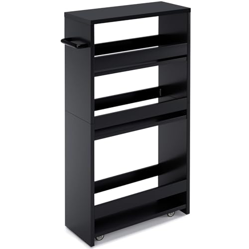 MARTY Slim Rolling Storage Cart, Wood Utility Kitchen Bathroom Laundry Cart - color: All Black, size: 5.51"D x 15.75"W x 31.5"H