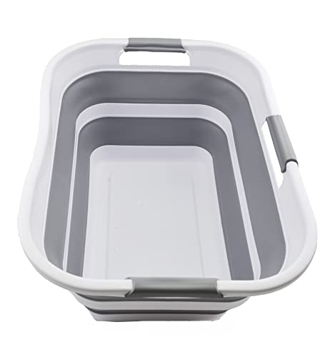 SAMMART 30L(8 gallon) Collapsible Plastic Laundry Basket - Foldable Pop Up Storage Container/Organizer - Space Saving Hamper/Basket - Water Capacity 24L(6.3 gallon) (1, White/Grey/White) - color: White/Grey/White