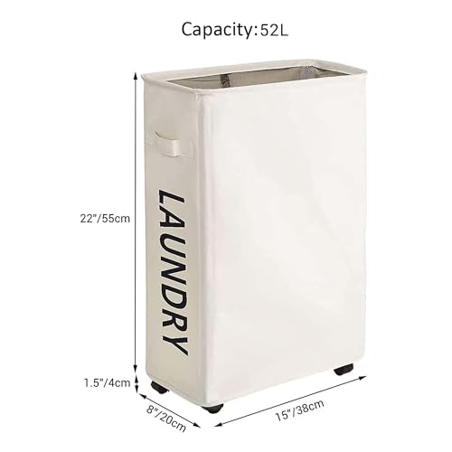 Slim Laundry Hamper with Wheels, 52L Skinny Hamper, 22" Beige - color: Printed Beige (With Wheels)