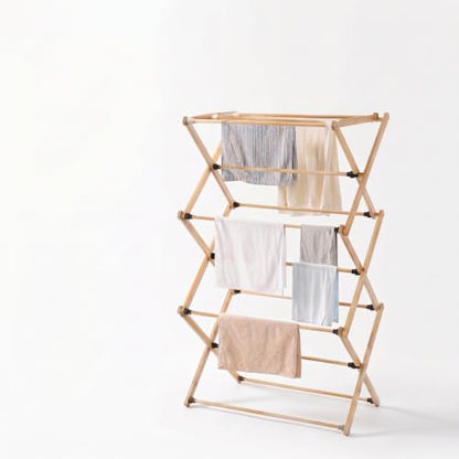 Foldable&Dismountable 3-Tier Bamboo Clothes Drying Rack, Multi-Tier Collapsible Laundry Hanger, Space Saving Garment Stand for Indoor Outdoor Balcony Bathroom. (Original, 28" D X 15" W X 39.3" H)