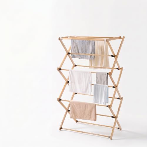 Foldable&Dismountable 3-Tier Bamboo Clothes Drying Rack, Multi-Tier Collapsible Laundry Hanger, Space Saving Garment Stand for Indoor Outdoor Balcony Bathroom. (Original, 28" D X 15" W X 39.3" H)
