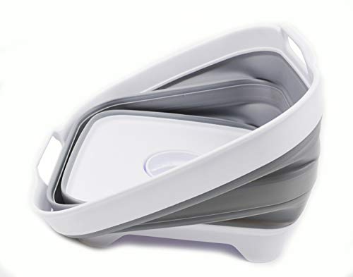 SAMMART 10L (2.64 gallon) Collapsible Dishpan with Draining Plug - Foldable Washing Basin - Portable Dish Washing Tub - Space Saving Kitchen Storage Tray (1, White/Grey) - color: White/Grey