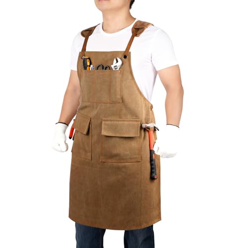 Work Apron with Pockets Thickened Waxed Canvas Apron Extended Adjustable Strap Waterproof Apron Protection for Men - color: Brown