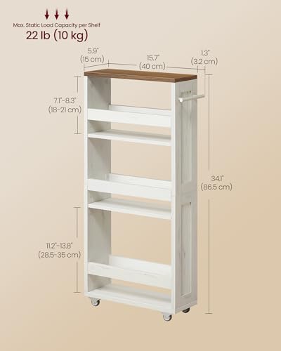 VASAGLE 4-Tier Slide-Out Storage Cart, Slim Kitchen Cart with Wheels - color: Rustic White + Honey Brown, size: 5.9"D