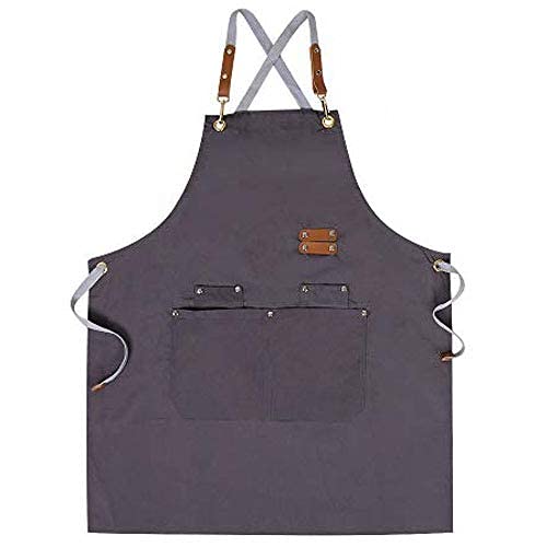 Chef Apron,Cross Back Apron for Men Women with Adjustable Straps and Large Pockets,Canvas,M-XXL (Grey) - color: Grey