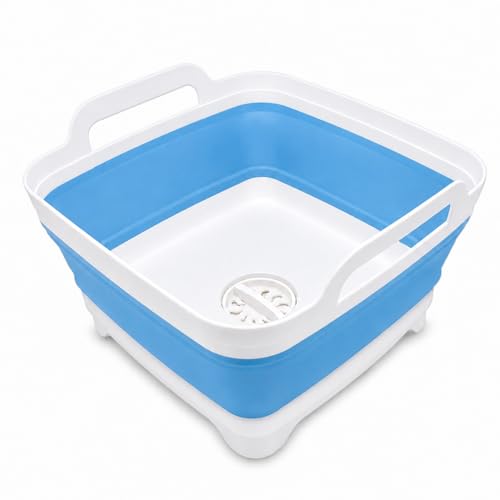 Collapsible Dish Basin with Drain Plug, Foldable Wash Basin 2.4 Gal (9L) - color: Blue