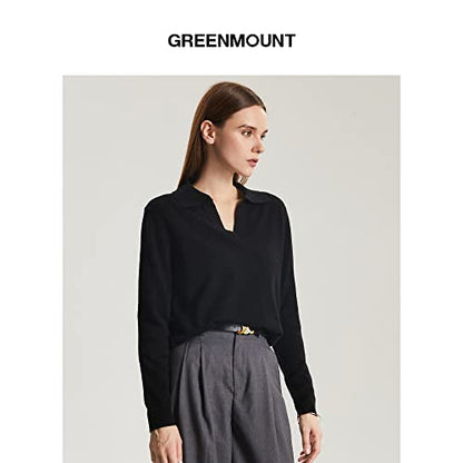 GreenMount Women's Deep V-Polo Casual Loose Cashmere Sweater Pullover Lapel Long Sleeve for Women Keep 37.5° Warm - color: Black, size: Small