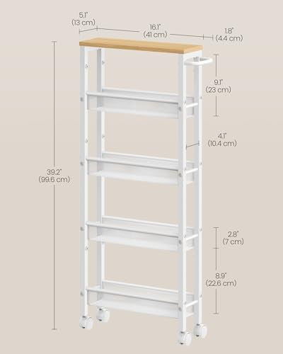 VASAGLE 5-Tier Slim Rolling Storage cart with Wheels, 5.1 Inches, Metal - color: Oak Beige + Classic White, size: 5 Tiers (5.1"D x 39.2"H)