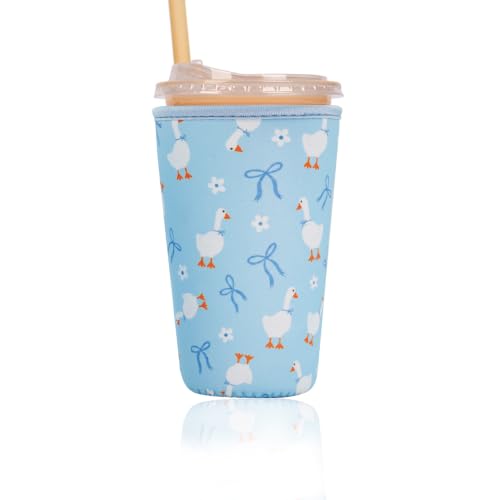 Reusable Insulated Sleeve for Iced Coffee Cup, Coffee Neoprene Sleeve for Cold & Hot Drinks, Beverage Holder for Iced Coffee (Blue Geese, Large: 32oz) - color: Blue Geese, size: Large: 32oz