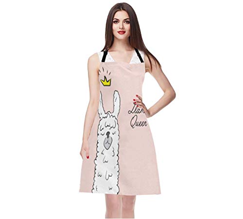 EKOBLA Llama Queen Aprons Alpaca Wearing Crown Funny Cute Animal Cartoon Waterproof Resistant Chef Cooking Kitchen BBQ Adjustable Aprons for Women Men 27x31 Inch - color: Multi-a105