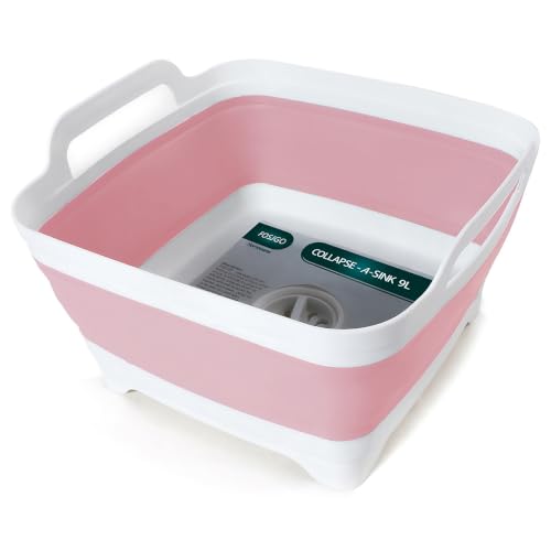 FOSJGO Collapsible Dish Basin with Drain Plug, Foldable Sink, 2.4 Gal (9L) - color: Pink
