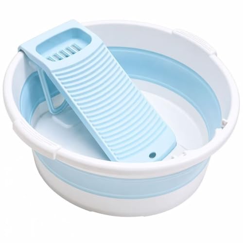 Fold Washboard Basin for Hand Washing Clothes,Non-Slip Washtub with Integrated Washboard for Hand Wash Laundry Household (Blue) - color: Blue