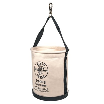 Klein Tools 5109PS Canvas Bucket, Wide-Opening Straight-Wall Tool Bucket with Pocket and Swivel Snap, 75-Pound Load Rated - style: Pocket/Snap