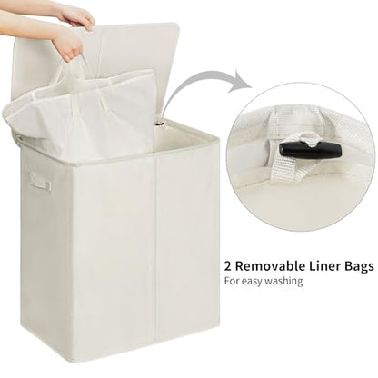 WOWLIVE 140L Double Laundry Hamper 2 Section with Lid and Removable Bags - color: Beige, size: 140l (23.6x 13.8x 25.6 Inches)