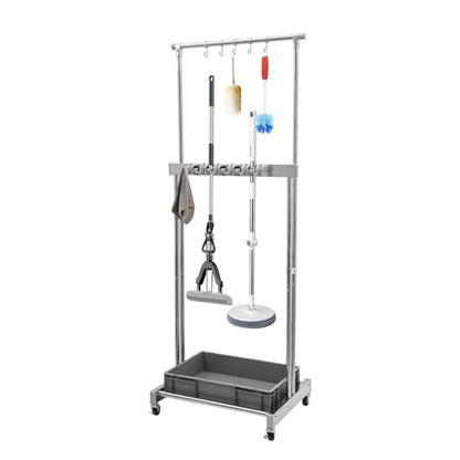 Broom and Mop Holder, Mobile Cleaning Tools Storage Cart with Wheels, Cleaning Supplies Organizer with 5 Slots 12 Hooks and Drip Tray, Janitorial Cart for Home Garage Laundry Room Office