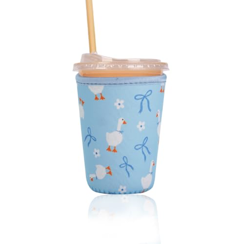 Reusable Insulated Sleeve for Iced Coffee Cup, Coffee Neoprene Sleeve for Cold & Hot Drinks, Beverage Holder for Iced Coffee (Blue Geese, Small: 16-18oz) - color: Blue Geese, size: Small: 16-18oz
