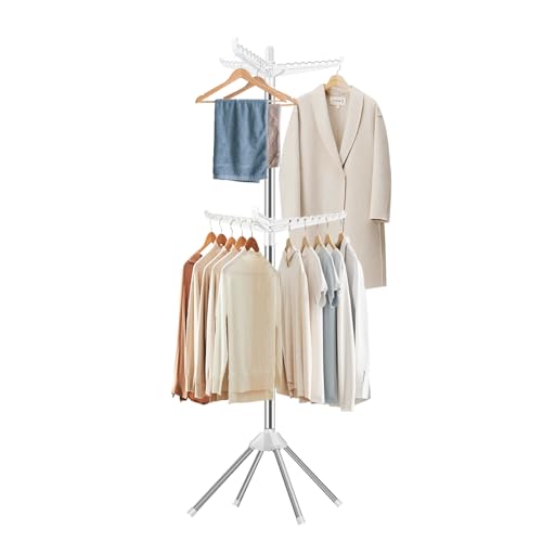 SUYU Clothes Drying Rack,Folding Clothes Drying Tree, 2 Layer with 6 Rotatable Arms,72-Inch Indoor Clothes Rack,Stainless Steel,4 Legs,White and Silver SNJ202 - style: 2-Tier-Hang