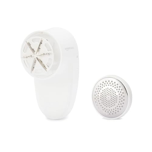 Amazon Basics Battery Operated Fabric Shaver for Clothes, Remove Pilling, Lint and Fuzz Removal, 6-Leaf Blades with Safety Lock, Portable, Includes 2 Spare Blades, White