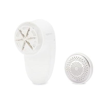 Amazon Basics Battery Operated Fabric Shaver for Clothes, Remove Pilling, Lint and Fuzz Removal, 6-Leaf Blades with Safety Lock, Portable, Includes 2 Spare Blades, White