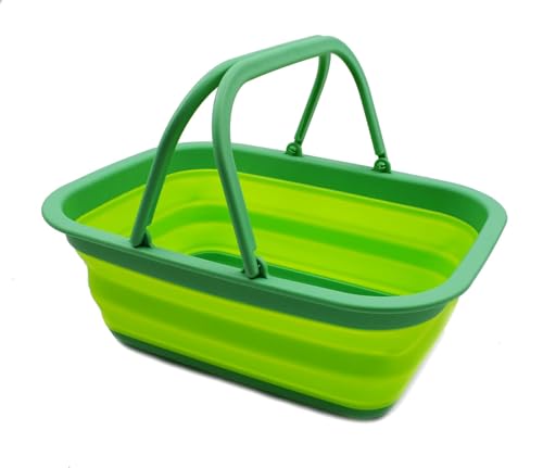 SAMMART 9.2L (2.37Gallon) Collapsible Tub with Handle - Portable Outdoor Picnic Basket/Crater - Foldable Shopping Bag - Space Saving Storage Container (1, Dark Green/Fluorescent Green) - color: Dark Green/Fluorescent Green
