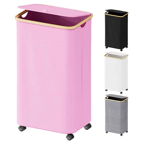 SUOCO Laundry Hamper on Wheels 100L, Clothes Basket with Lid and Bamboo Handles, Foldable Laundry Hamper for Bedroom, Bathroom, Dorm, Laundry Room - Pink - color: Pink, size: 100L with wheels
