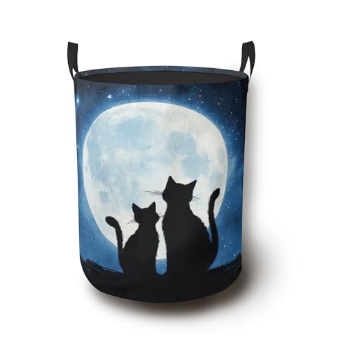 Black Cats Laundry Basket with Handles,Moon Waterproof Clothes Organizer Bin Collapsible Storage Basket for Bedroom Bathroom Dorm Room 16" x 20.8" - color: Black Cats Moon